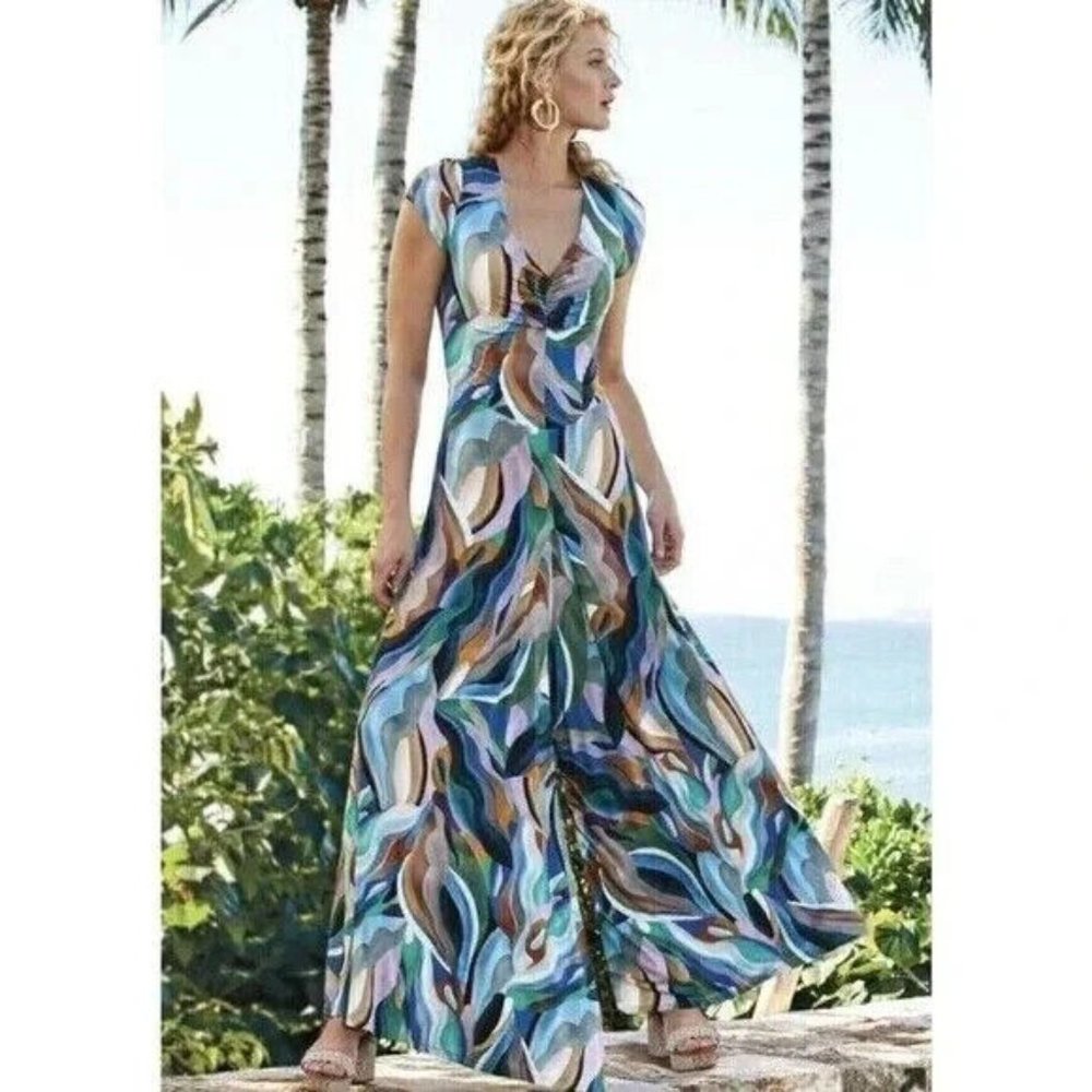 Soft Surroundings NWOT Artnique Abstract swirl wide leg V-neck jumpsuit, sz L